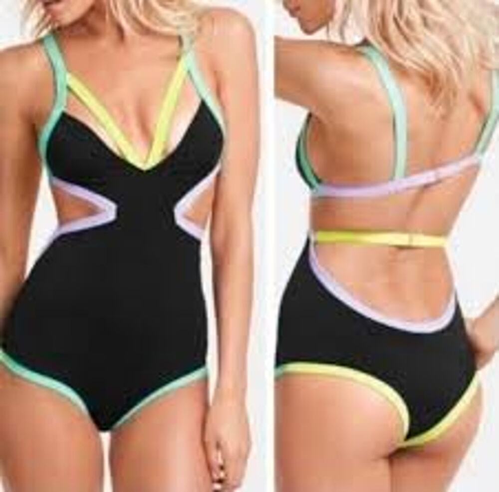 Victoria's Secret Cut-Out Black One-Piece Neon Pastel Size L